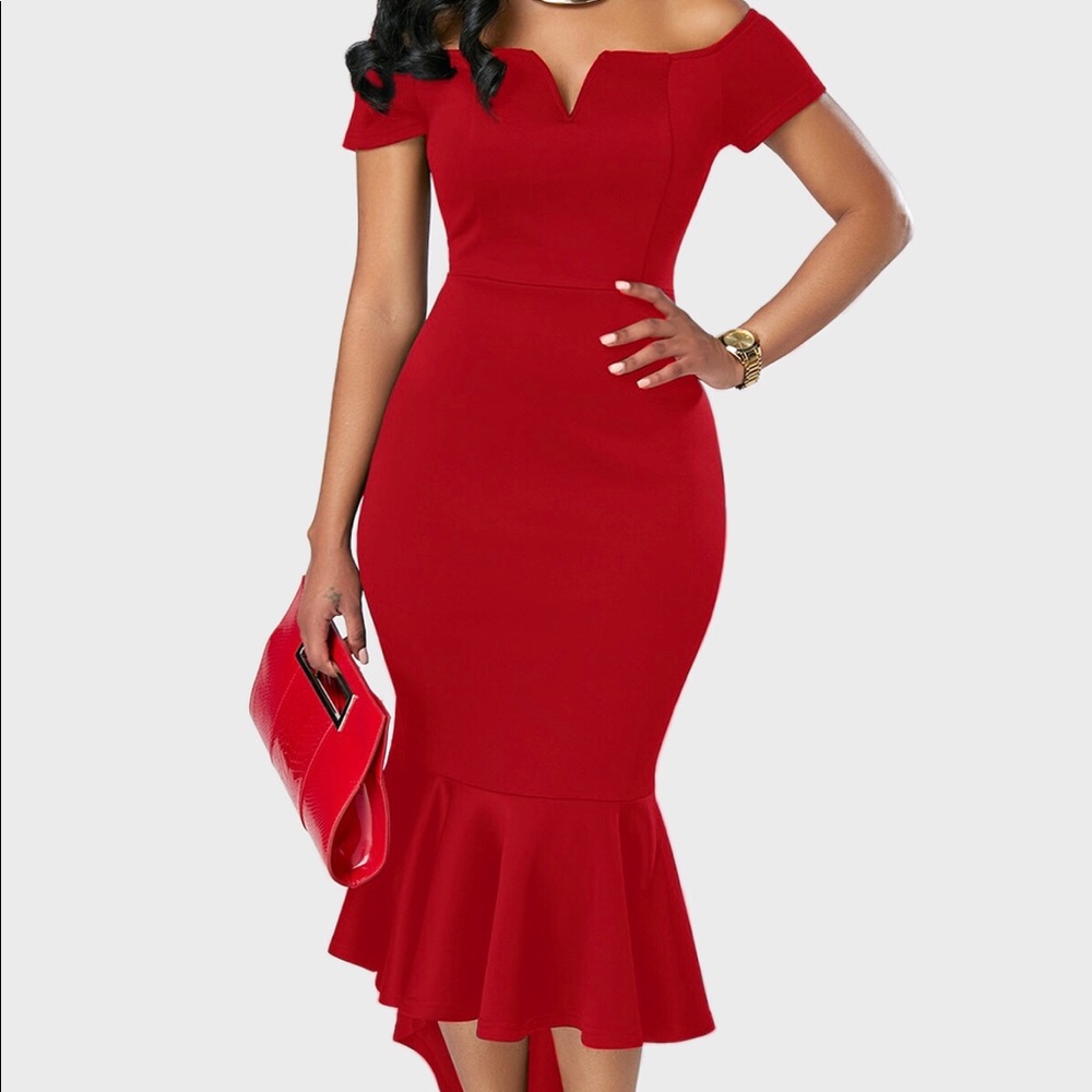 Off the shoulder asymmetric hem red dress